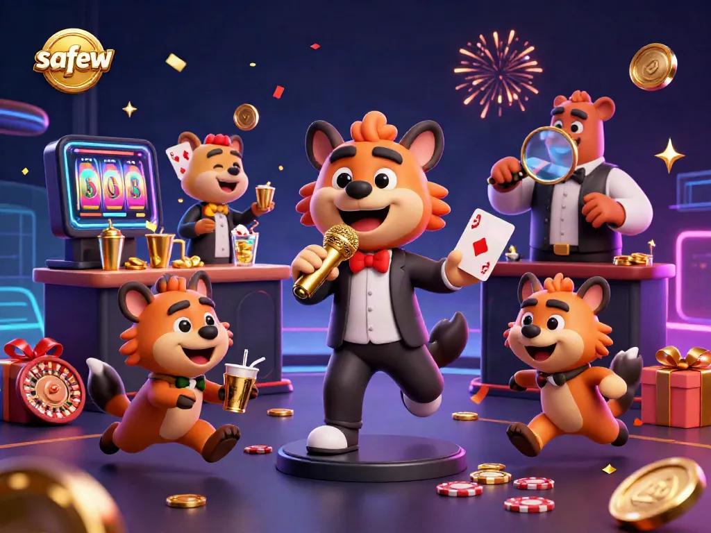 Engage with safew in a vibrant casino scene, featuring hyenas in comedy, bartending, and security roles.