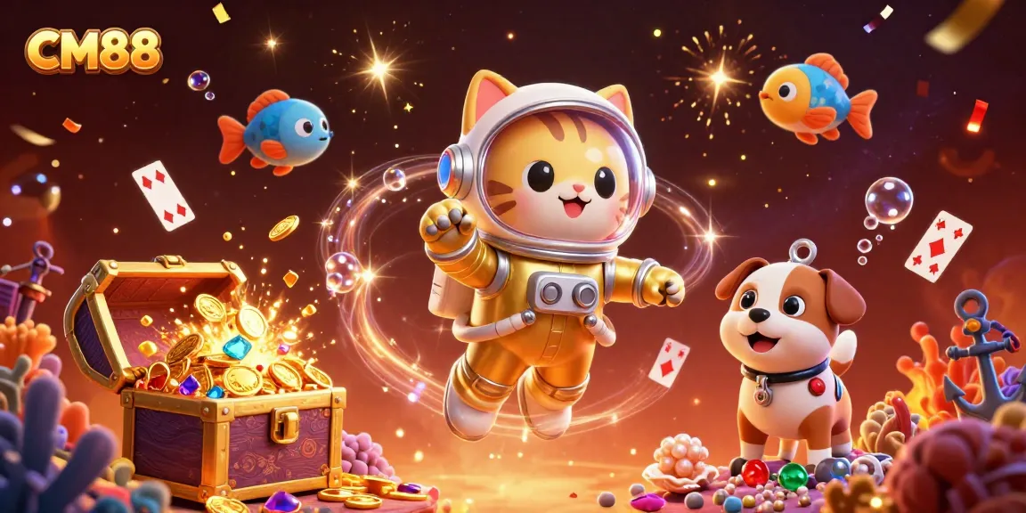 Experience CM88's exciting casino adventures with a space cat and a robot dog amid treasure and games.