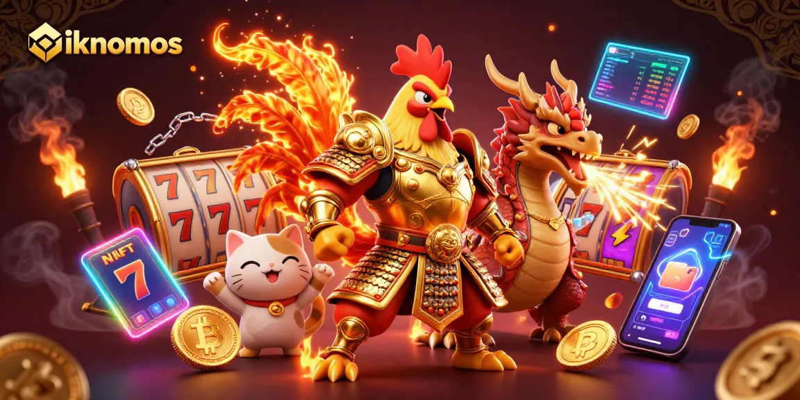 Play captivating games at oikonomos with a fighting rooster and dragon in a vibrant 3D casino scene.