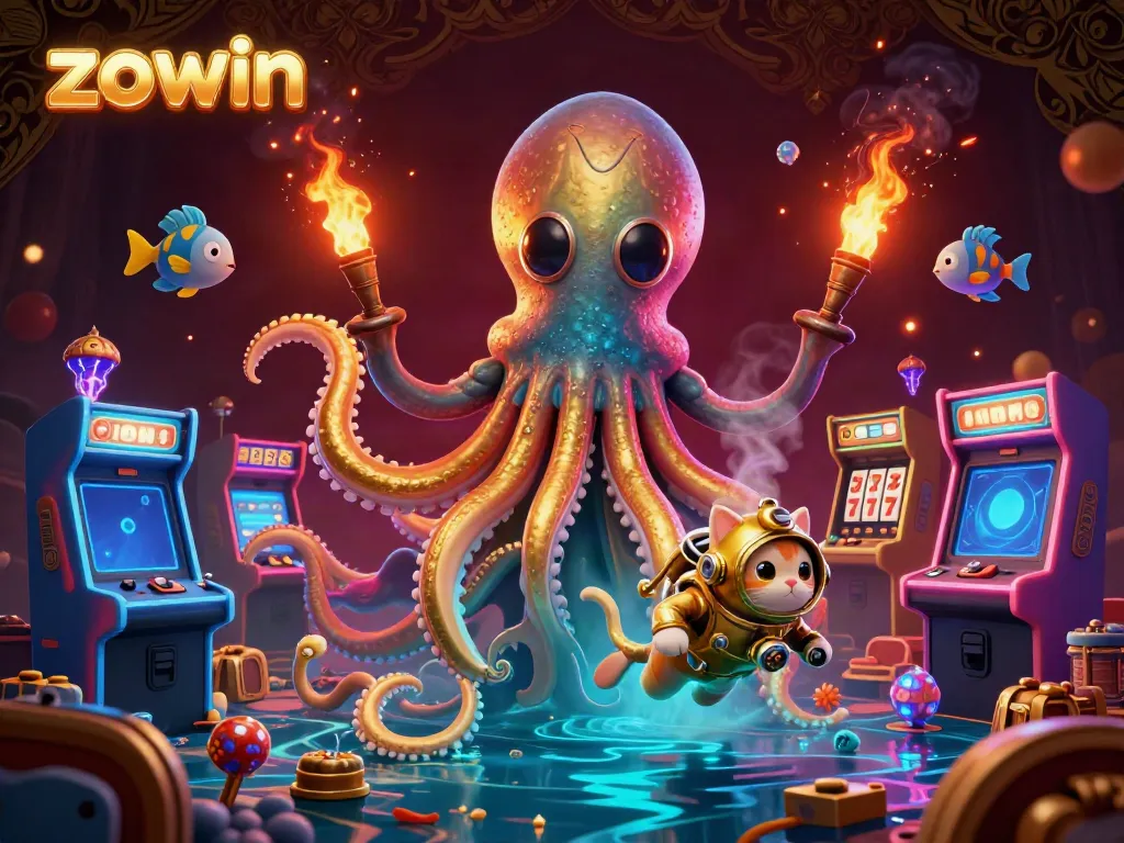Engage in thrilling gameplay at Zowin with kraken treasures, arcade machines, and a diving cat.