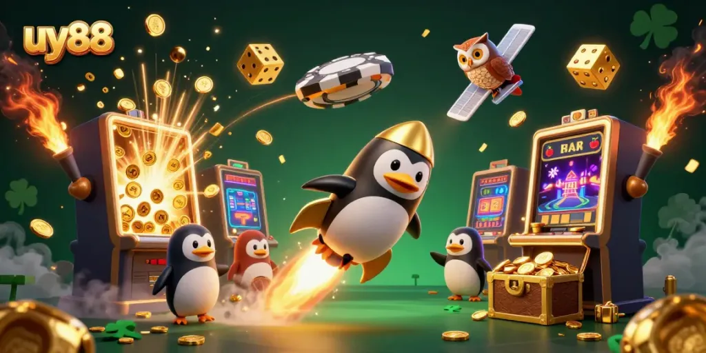 Experience the thrill of uy88 with a vibrant illustration of a golden penguin navigating a cosmic casino.