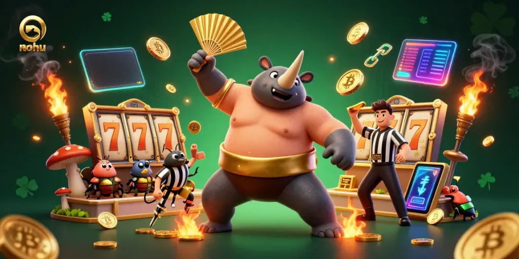Experience the thrill of nohu with a vibrant 3D scene of a sumo beetle champion celebrating a jackpot.