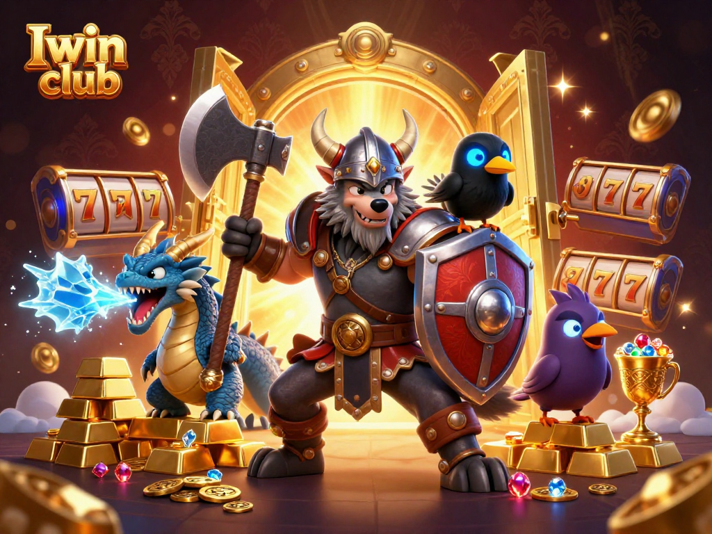 Iwin club showcases a heroic Viking wolf warrior in a dynamic 3D casino illustration filled with riches and excitement.