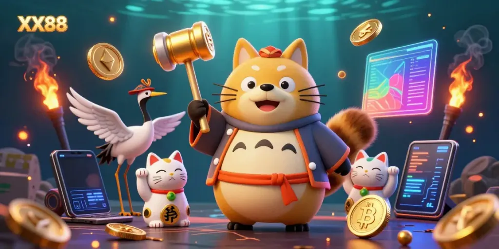 Engage with the vibrant spirit of XX88 through a colorful 3D illustration depicting a cheerful tanuki, a crane, and waving maneki-neko coins.