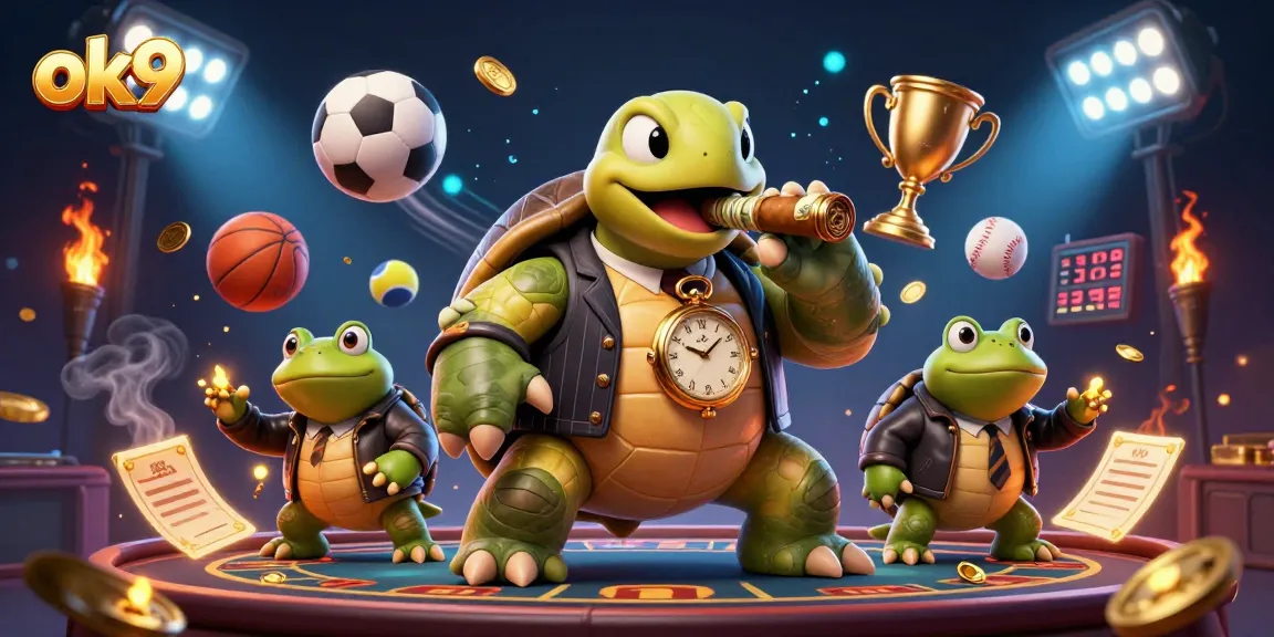 Experience exciting gaming at ok9 with a vibrant 3D scene featuring a turtle in a mobster suit amidst vibrant casino elements.
