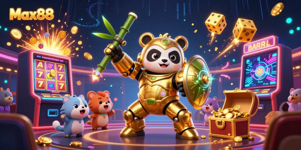 Engage in thrilling gameplay at Max88 with vibrant 3D casino illustration showcasing golden panda and exciting jackpot