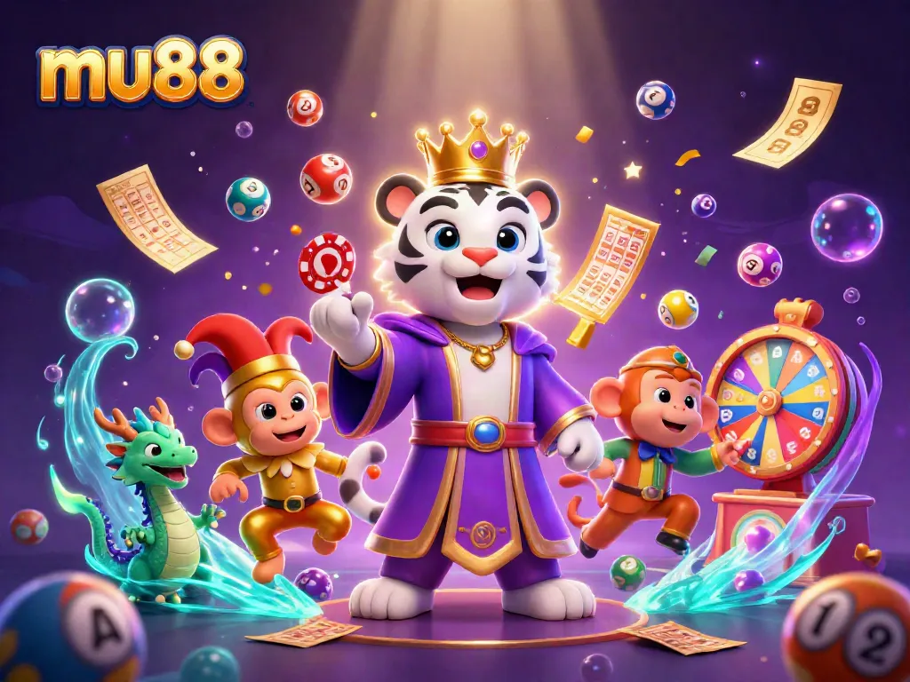 Engage with mu88's vibrant casino scene featuring a majestic tiger and magical game elements.