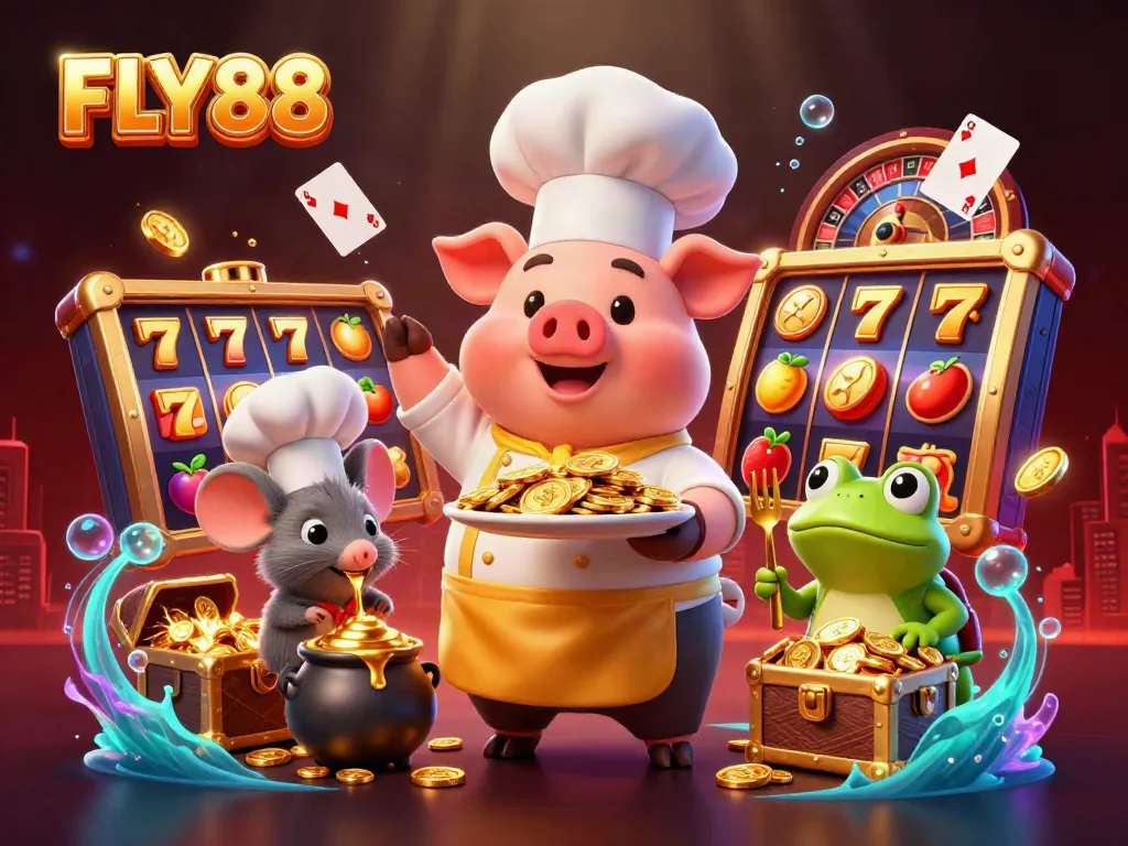 Engage in FLY88's vibrant casino scene featuring a chef pig serving gold coins amidst thrilling slot reels and treasure chests.