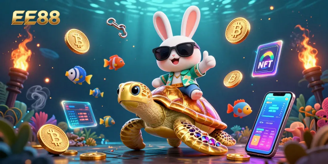 Engage with the thrilling world of EE88, featuring a lucky rabbit and golden sea turtle in a vibrant 3D casino scene.
