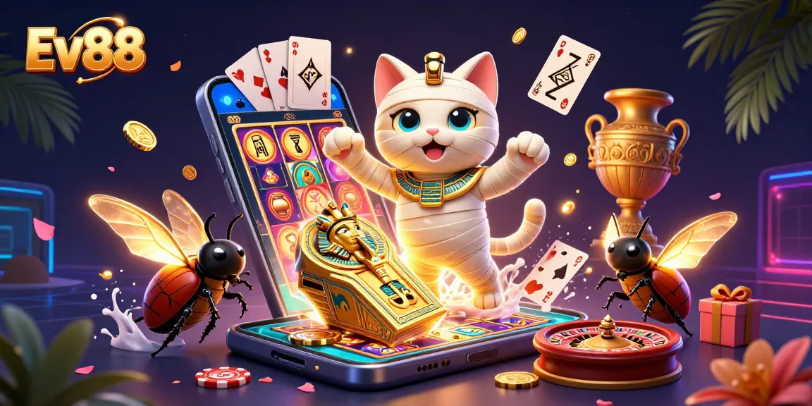 Experience Ev88 like never before with vibrant 3D casino scene featuring dynamic characters and exciting gaming elements.