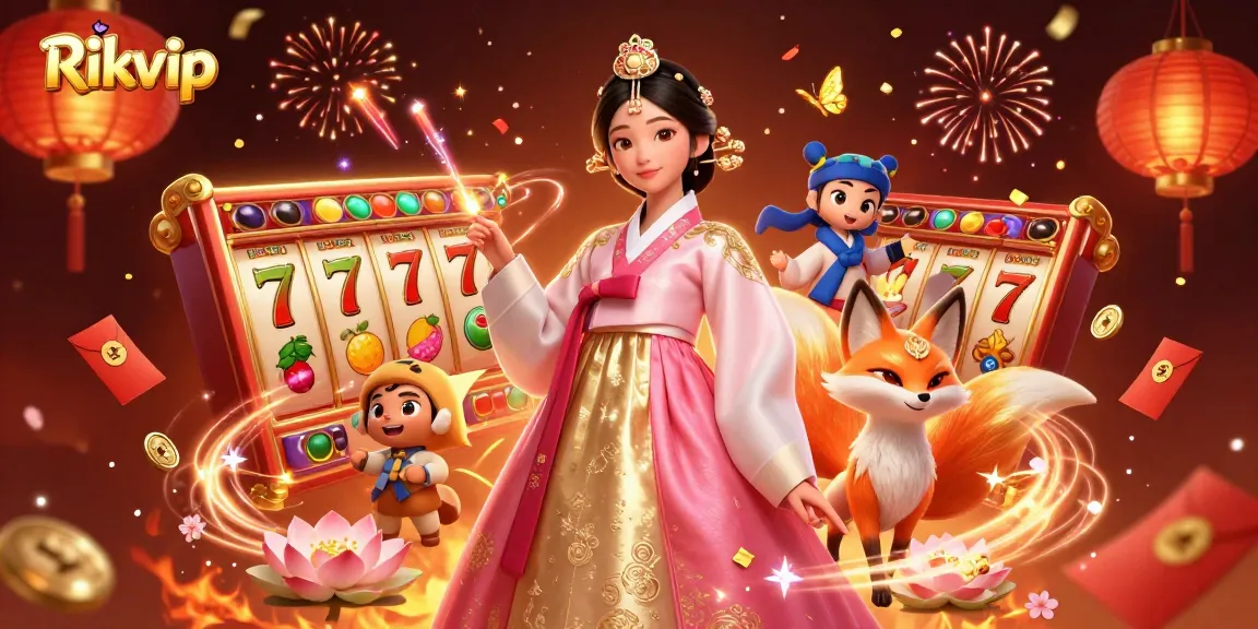 Engage with Rikvip's thrilling slots and jackpot excitement in a vibrant, festive scene.