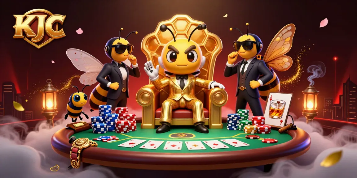 KJC engages players with an exciting poker scene featuring a cartoon mob boss and vibrant game elements.