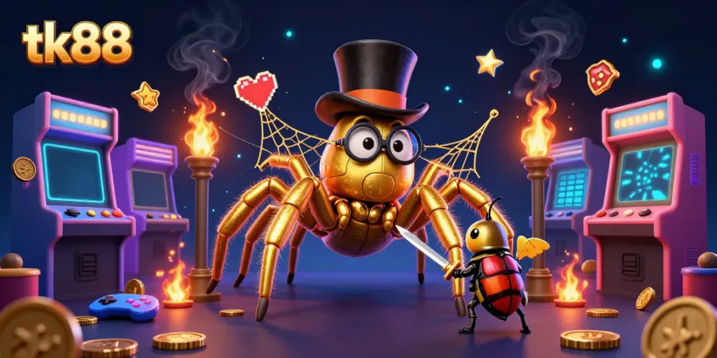 Engaging scene at tk88 with a golden tarantula weaving threads between casino pillars and a knight beetle, creating a vibrant gaming atmosphere.
