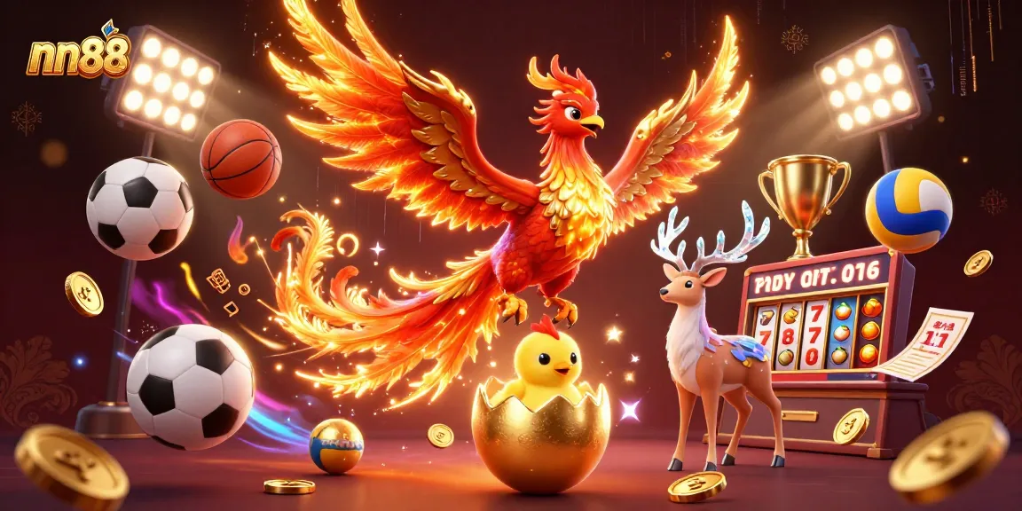 Experience thrilling wins at nn88 with dynamic gaming action featuring a vibrant phoenix and sports elements.