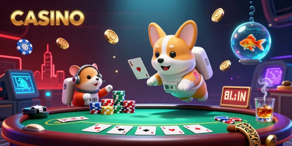 Engage with the casino experience as a corgi astronaut plays in a vibrant space station casino.