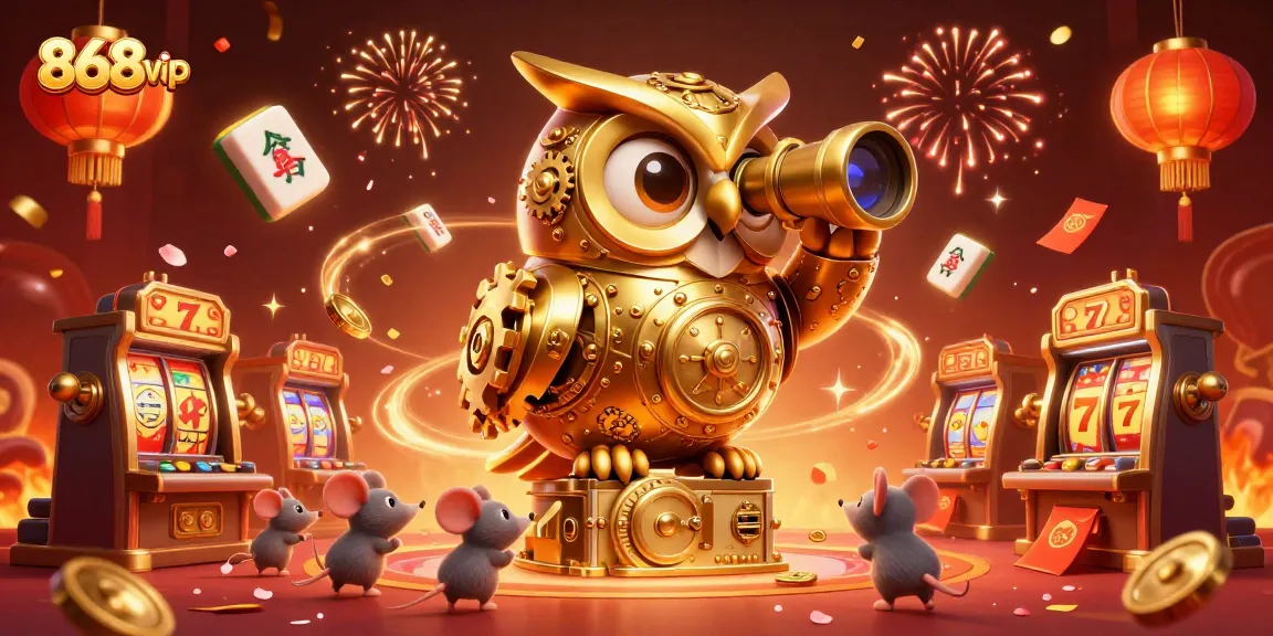 Experience vibrant gaming with 868vip as the golden owl oversees slot machines and festive elements.