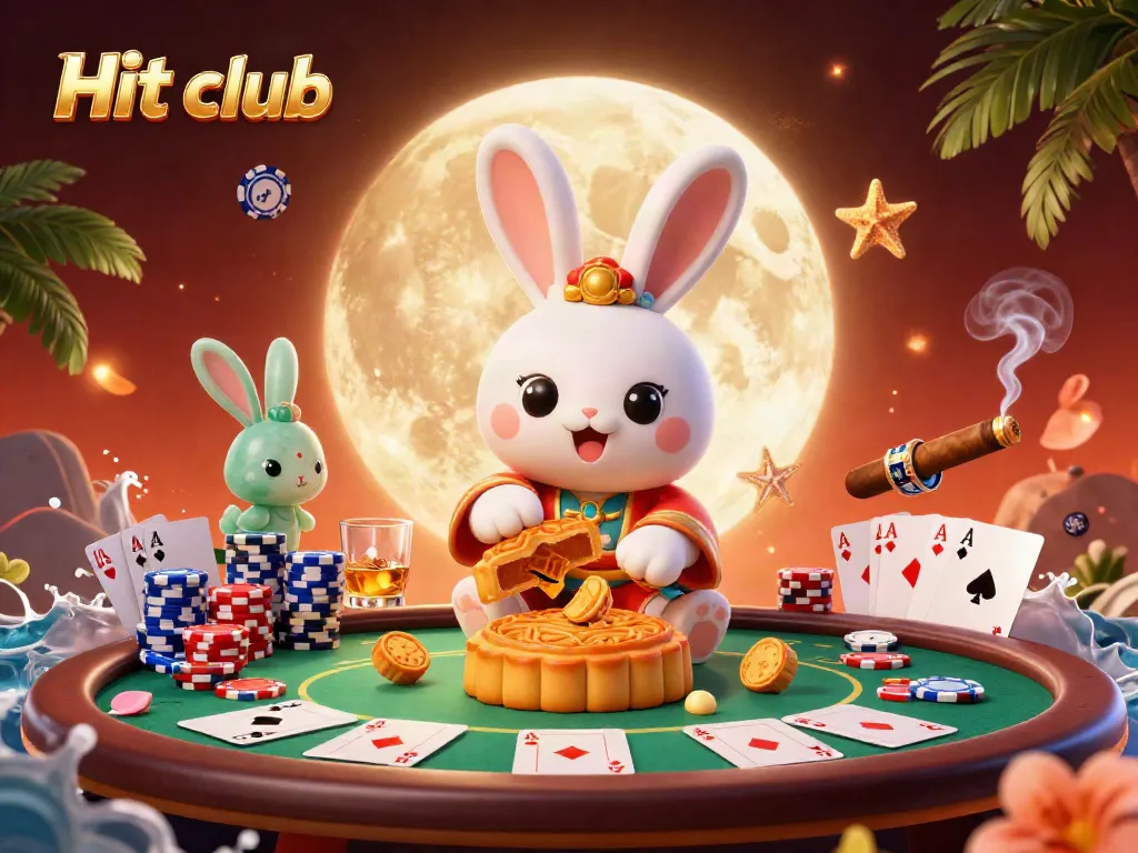Experience the excitement of Hit club with a 3D moon rabbit playing poker, revealing hidden treasures.