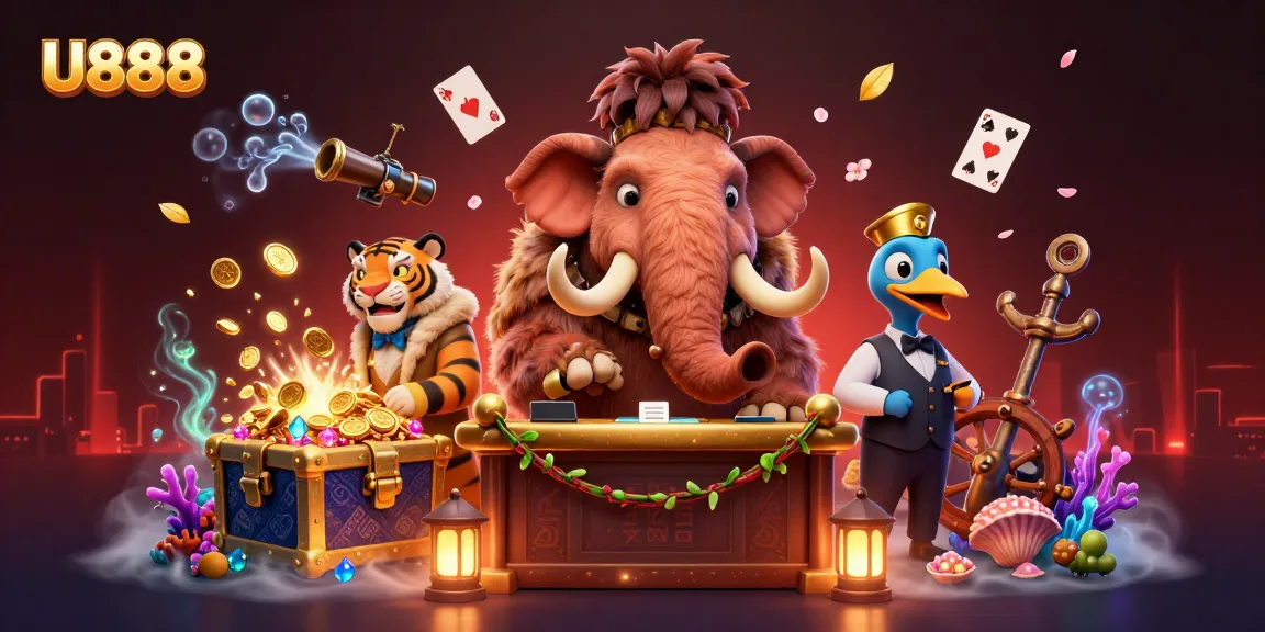U888 invites players with secure gaming through intriguing characters in a casino-themed illustration.