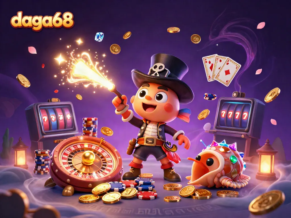 daga68 showcases vibrant fantasy casino scene with anglerfish, shrimp, and snail amidst golden coins and gems.