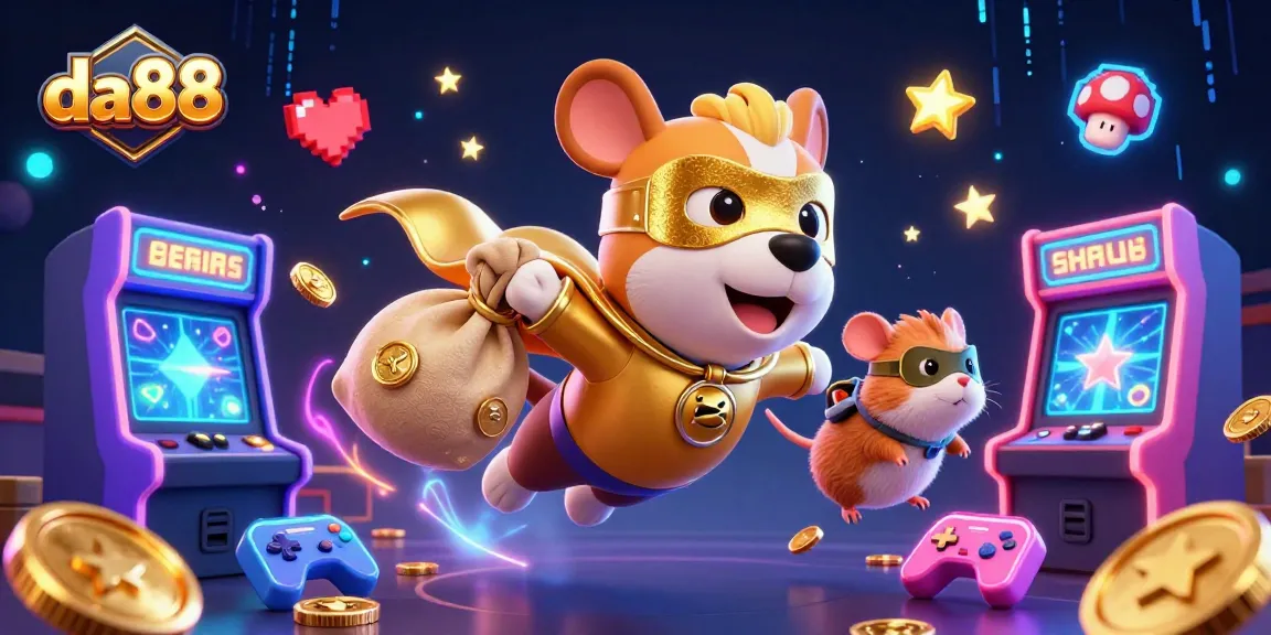 Soar with da88's 3D cartoon superhero dog amidst casino gold and game machines.