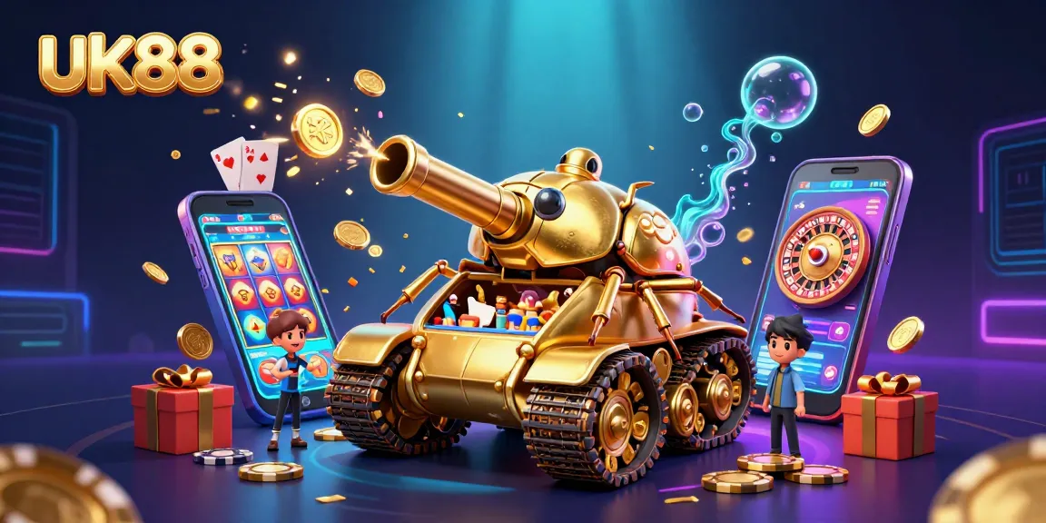 Engage in thrilling gameplay excitement with uk88's colorful slot game, overflowing with golden coins and dynamic action.