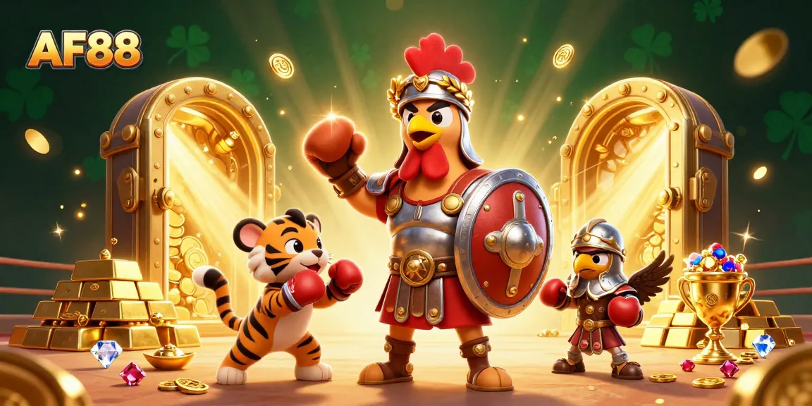 Experience the thrill of AF88's cockfighting arena with dynamic characters and sparkling treasures!