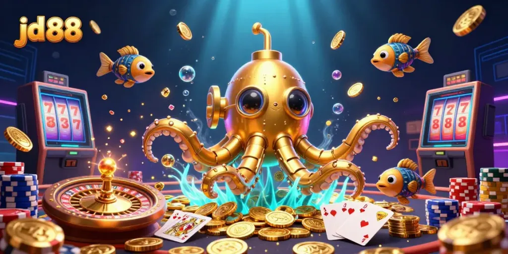 Experience the thrilling world of jd 88 with vibrant casino imagery showcasing a kraken submarine, gold coins, and a roulette wheel.