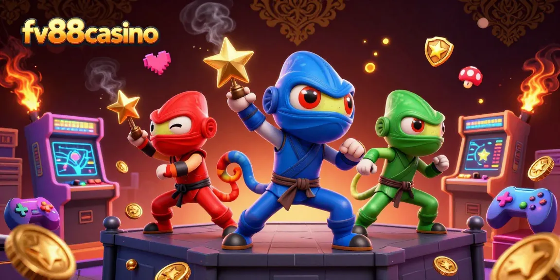 Engage in thrilling casino action with the vibrant fv88casino illustration featuring chameleon ninjas.