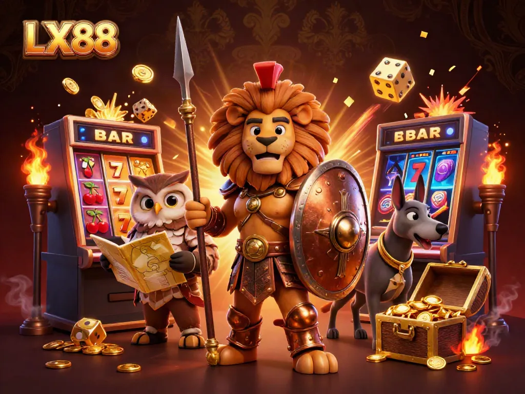 Experience high-stakes excitement with LX88 at a vibrant online casino, featuring dynamic game elements and cheerful characters.