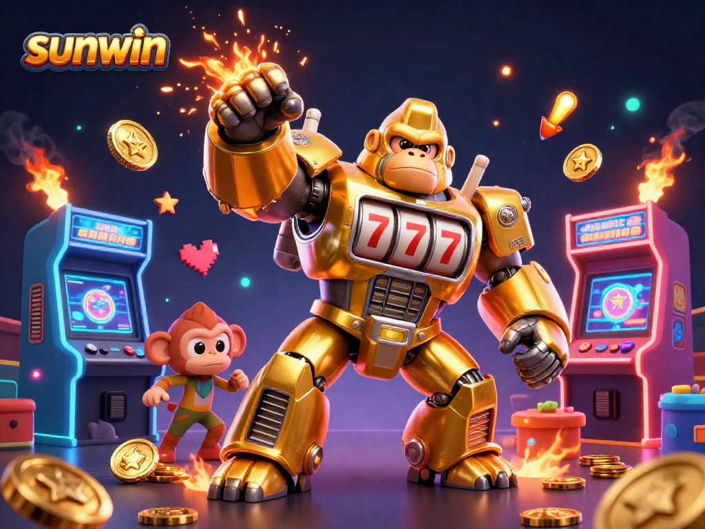 Experience exciting gaming with sunwin's golden gorilla mech smashing jackpots in a vibrant casino scene.