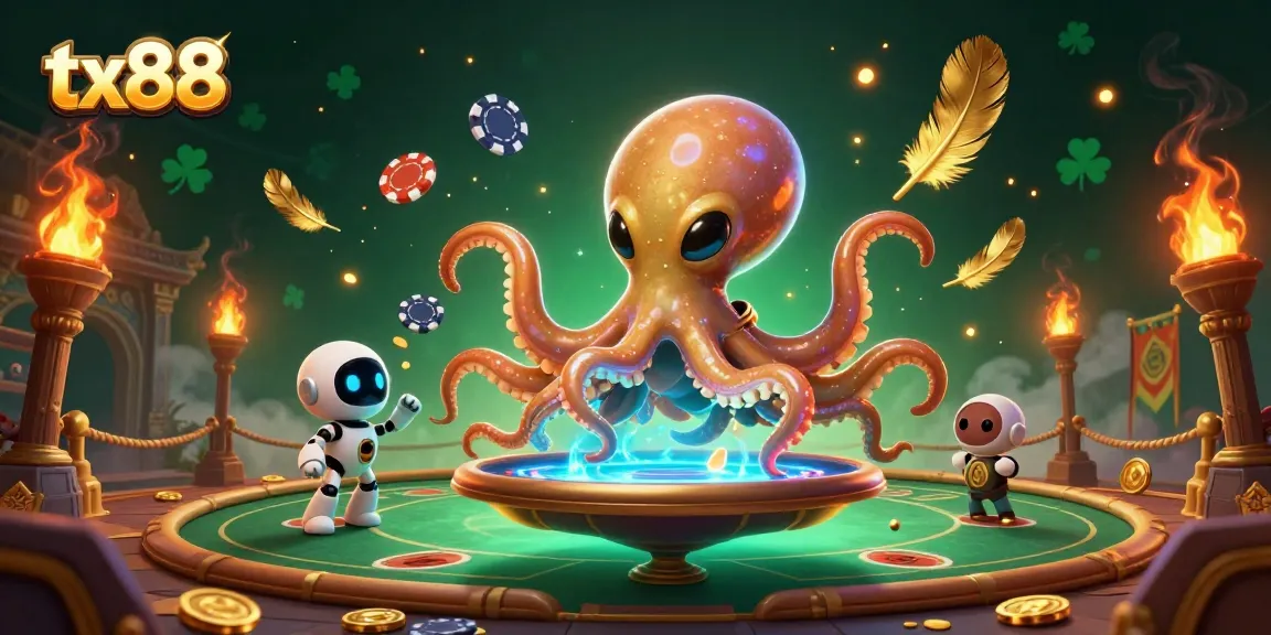 Experience thrilling action at tx88 with an alien octopus managing a holographic poker table.