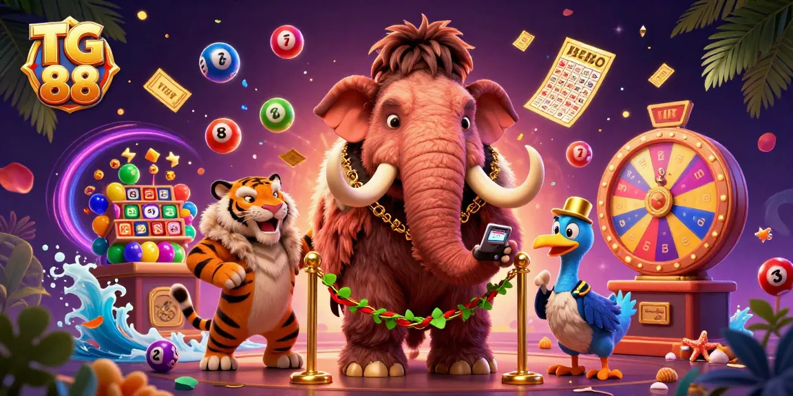 Experience the excitement at TG 88 with a vibrant 3D casino scene featuring cartoon characters and dynamic gaming elements.