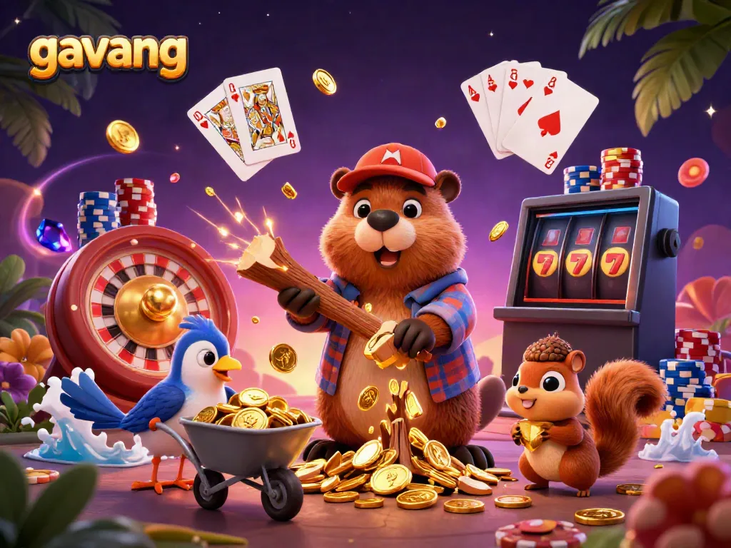 Experience thrilling gambling adventures with gavang as playful cartoon characters collect golden coins and gems in a vibrant casino illustration.