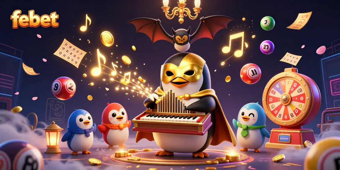 Engage with febet's immersive gaming experience as a penguin plays for golden coins amidst vibrant casino elements.