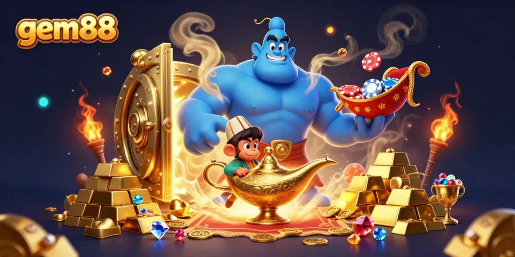 Experience the excitement at gem88 with a lively 3D scene featuring a genie, monkey, and treasure.