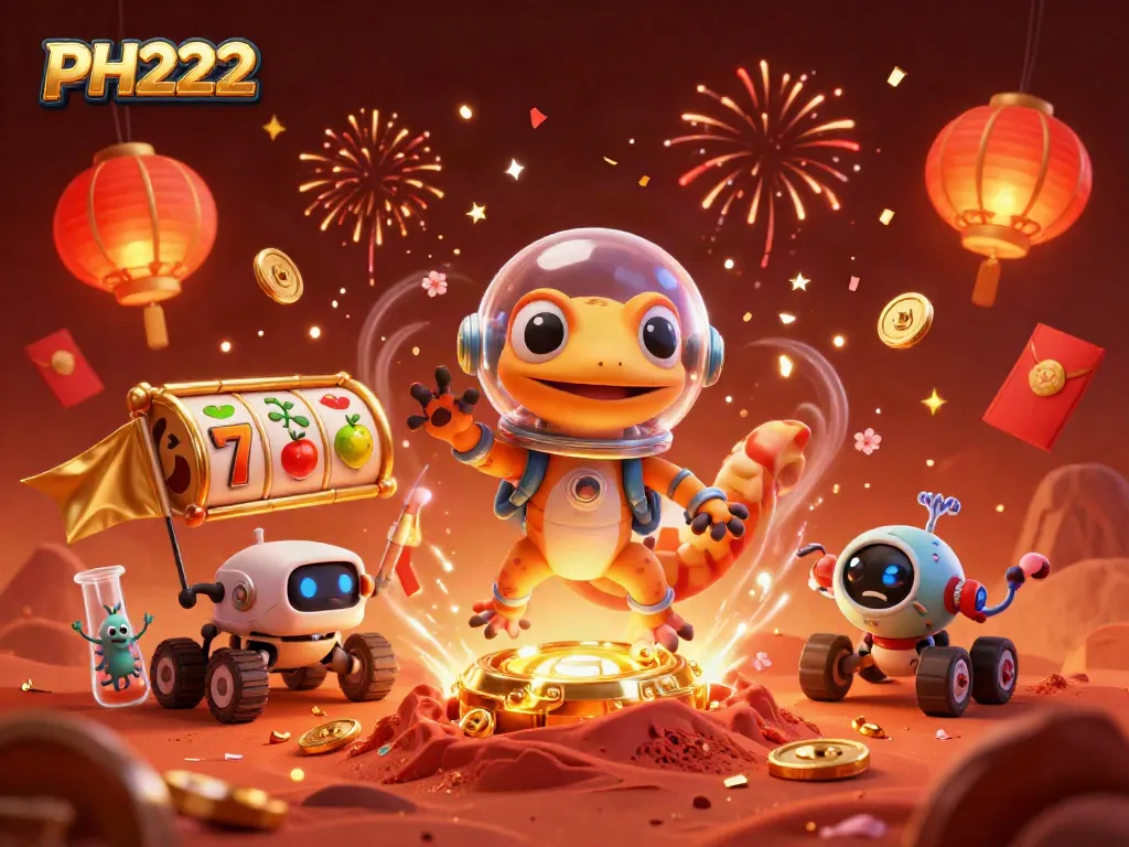 Experience thrilling casino action in PH222 with a Martian gecko uncovering golden treasures amidst vibrant celebration.