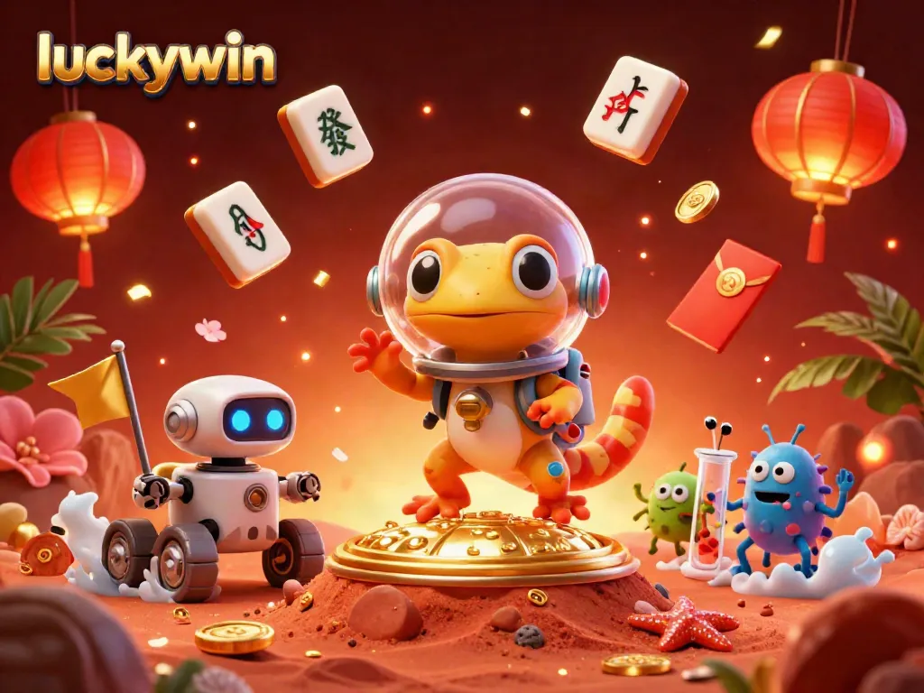 Experience the excitement of luckywin with a Martian gecko discovering a golden casino scene.