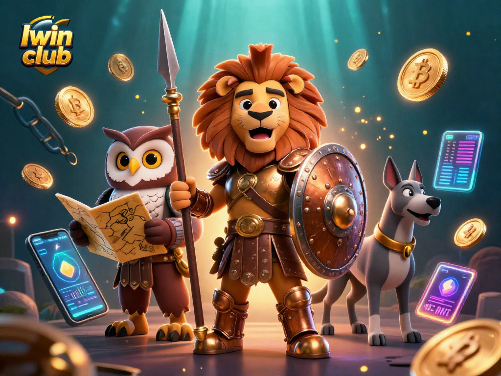 Iwin club showcases dynamic gambling action with characters surrounded by crypto casinos.