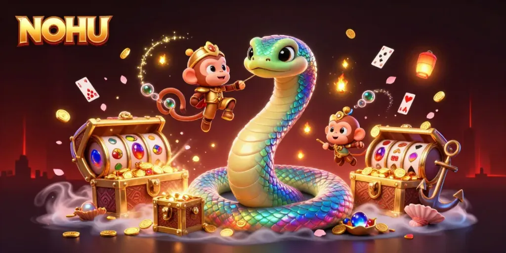 Engaging scene of NOHU with a vibrant rainbow serpent, monkey king, and dynamic slot reels in action.