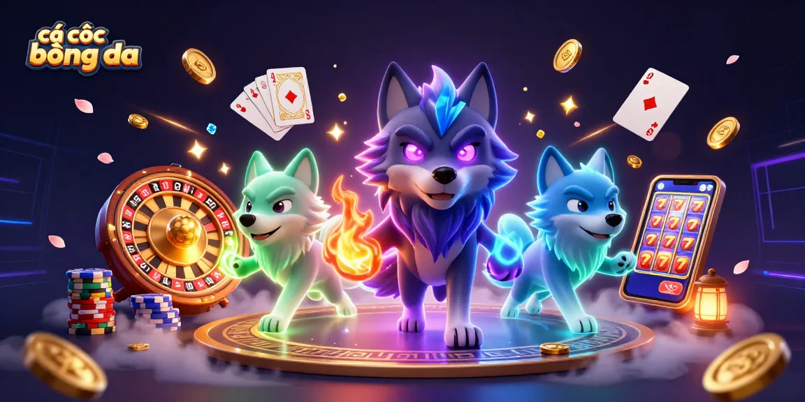 Cá cược bóng đá highlighted with 3D wolves and dynamic casino elements, creating a thrilling betting atmosphere.
