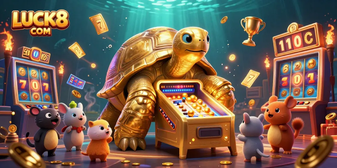 Experience thrilling gameplay at LUCK8 COM with a fun 3D slots scene featuring a golden tortoise and excited characters.