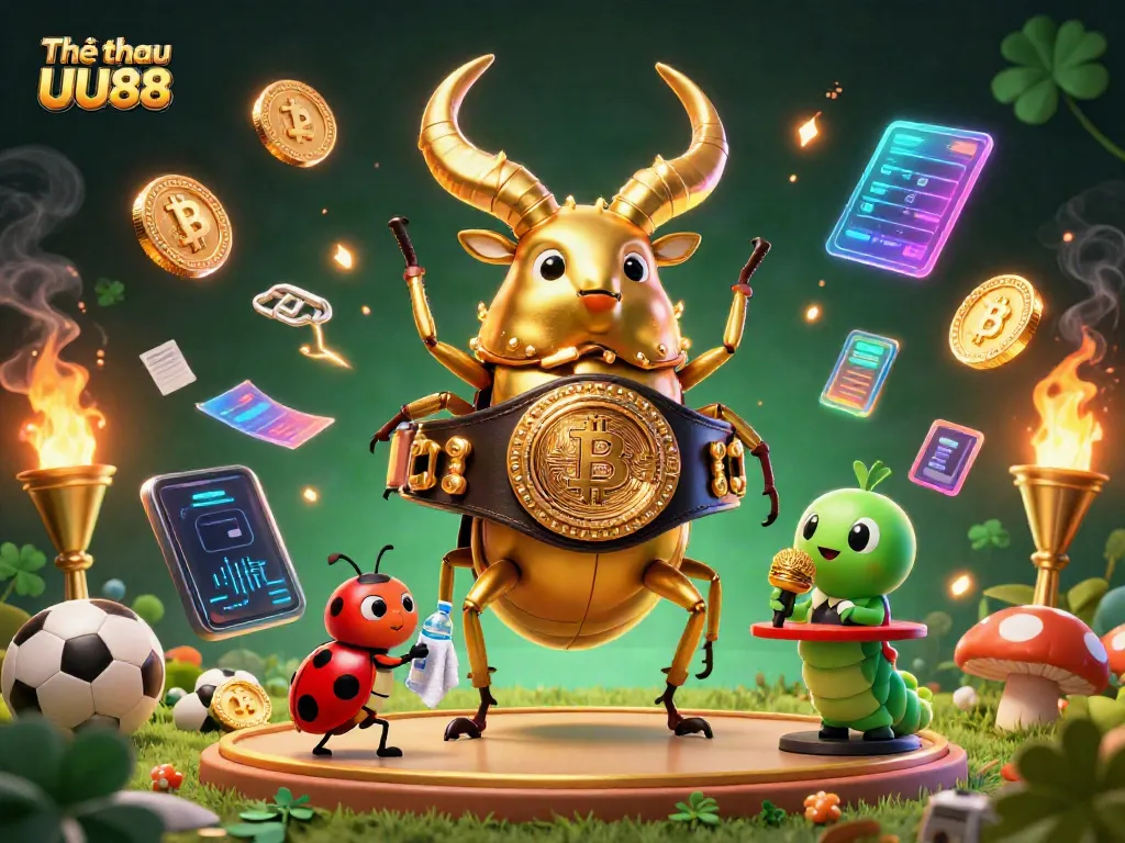 Engage with Thể thao UU88 in a dynamic sports betting scene featuring a cartoon golden beetle and vibrant gaming elements.
