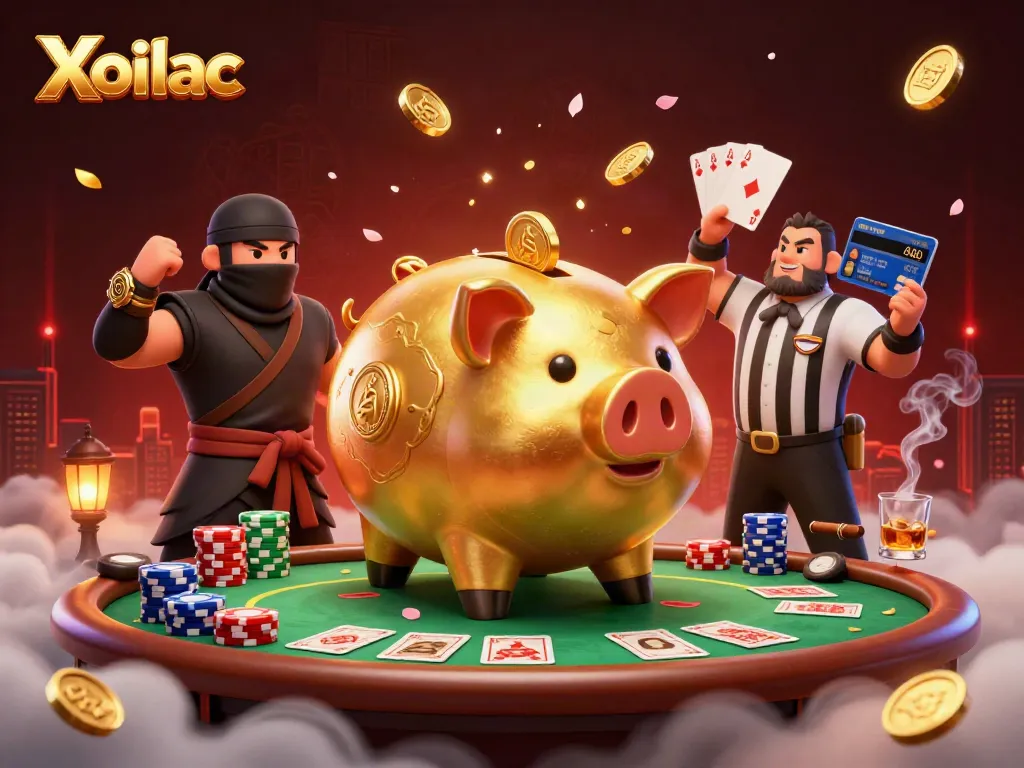 Engage in Xoilac's thrilling gaming scene with dynamic characters, poker elements, and vibrant atmosphere.