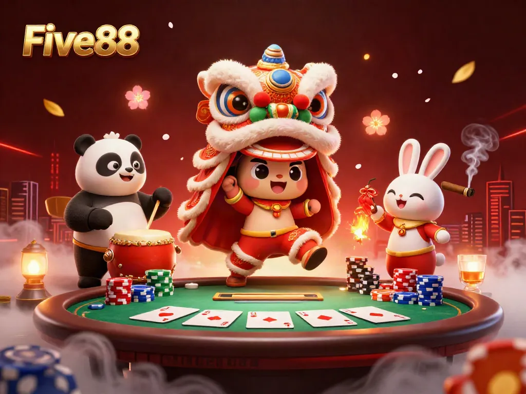 Engage with Five88's dynamic casino scene featuring lively characters in a festive atmosphere.