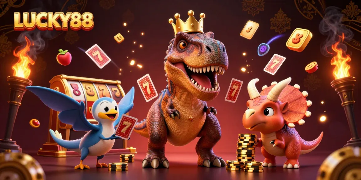 LUCKY88 T-Rex and friends engage in a thrilling slot game with dynamic symbols and casino elements.