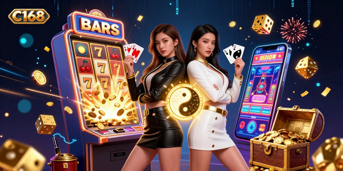 Engage in thrilling gameplay with C168 in this vibrant casino scene featuring stunning dual characters and a jackpot explosion.