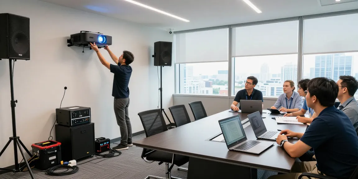 Projector installation in a modern conference room setup with AV technician and audio equipment.