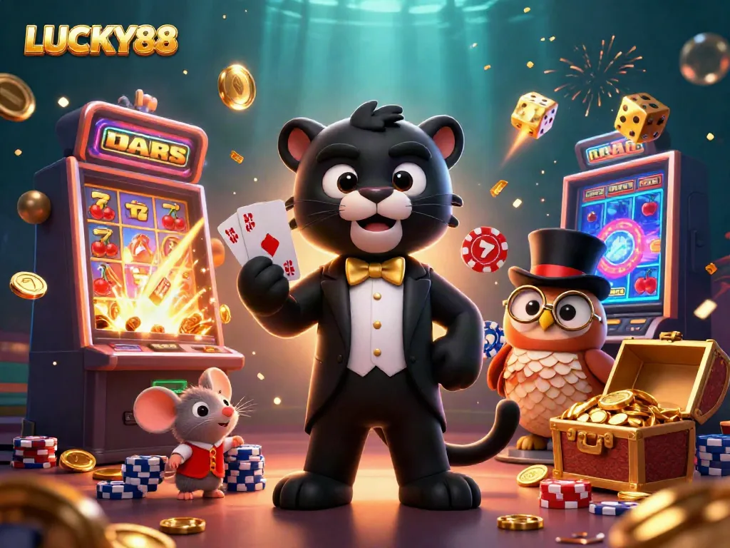 Experience exciting LUCKY88 gaming with stylish characters, vibrant slot machines, and dynamic casino elements