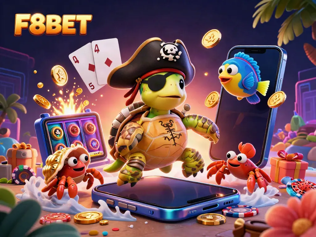 Experience the thrill of F8BET with a vibrant 3D illustration featuring colorful casino elements and playful characters.