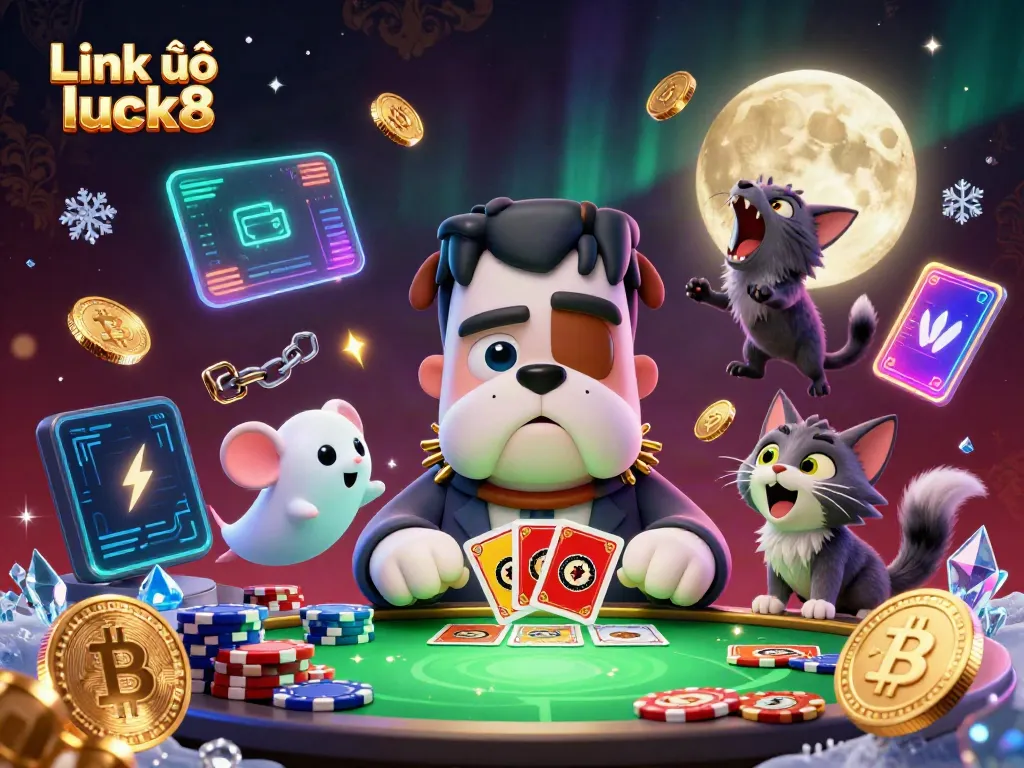 Play exciting games at Link vào luck8 with a 3D Frankenstein bulldog dealer and glowing coin elements.